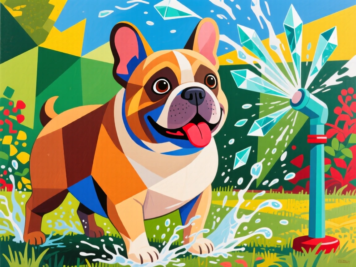 A charming close-up of a chubby french bulldog splashing happily in a garden sprinkler on a bright afternoon.