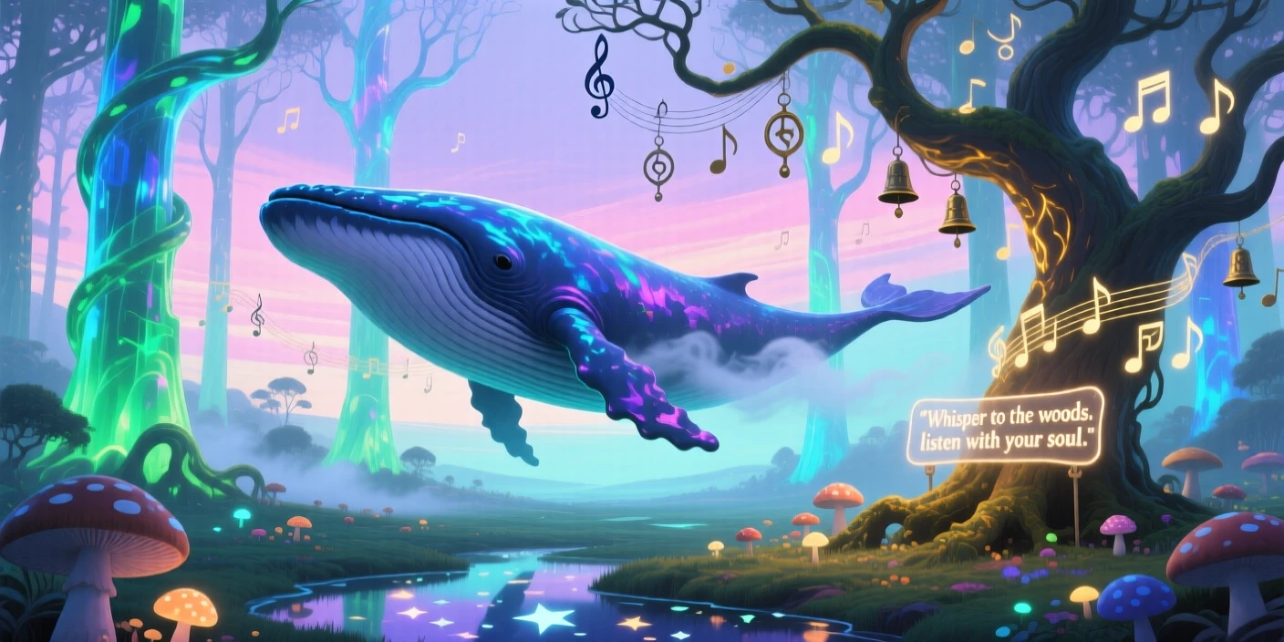 A whale gliding silently through a forest of tall glowing trees travels slowly across a horizon streaked with soft color, while distant chimes seem to echo with each small movement.