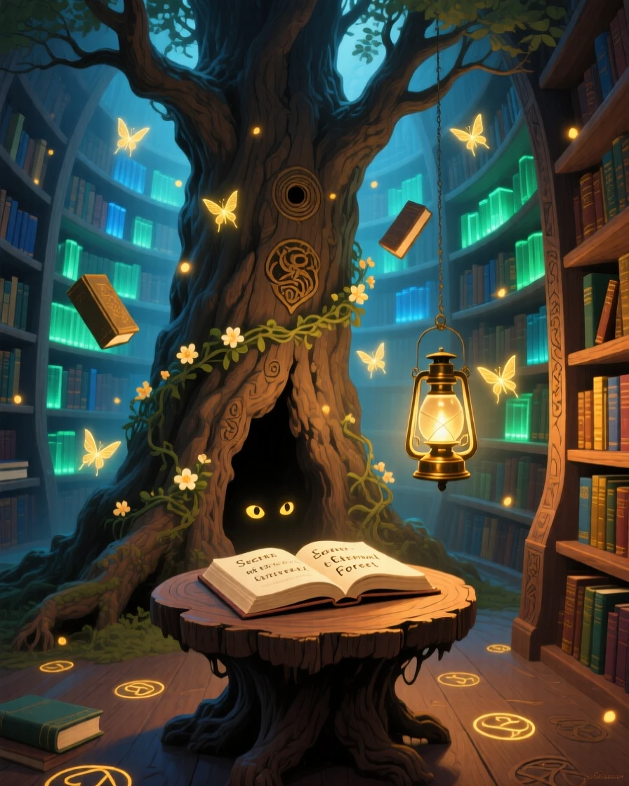 A hidden library within an ancient tree trunk holds glowing books that float and rearrange themselves along spiraling wooden shelves, small magical details scattered throughout the scene rewarding a closer look.