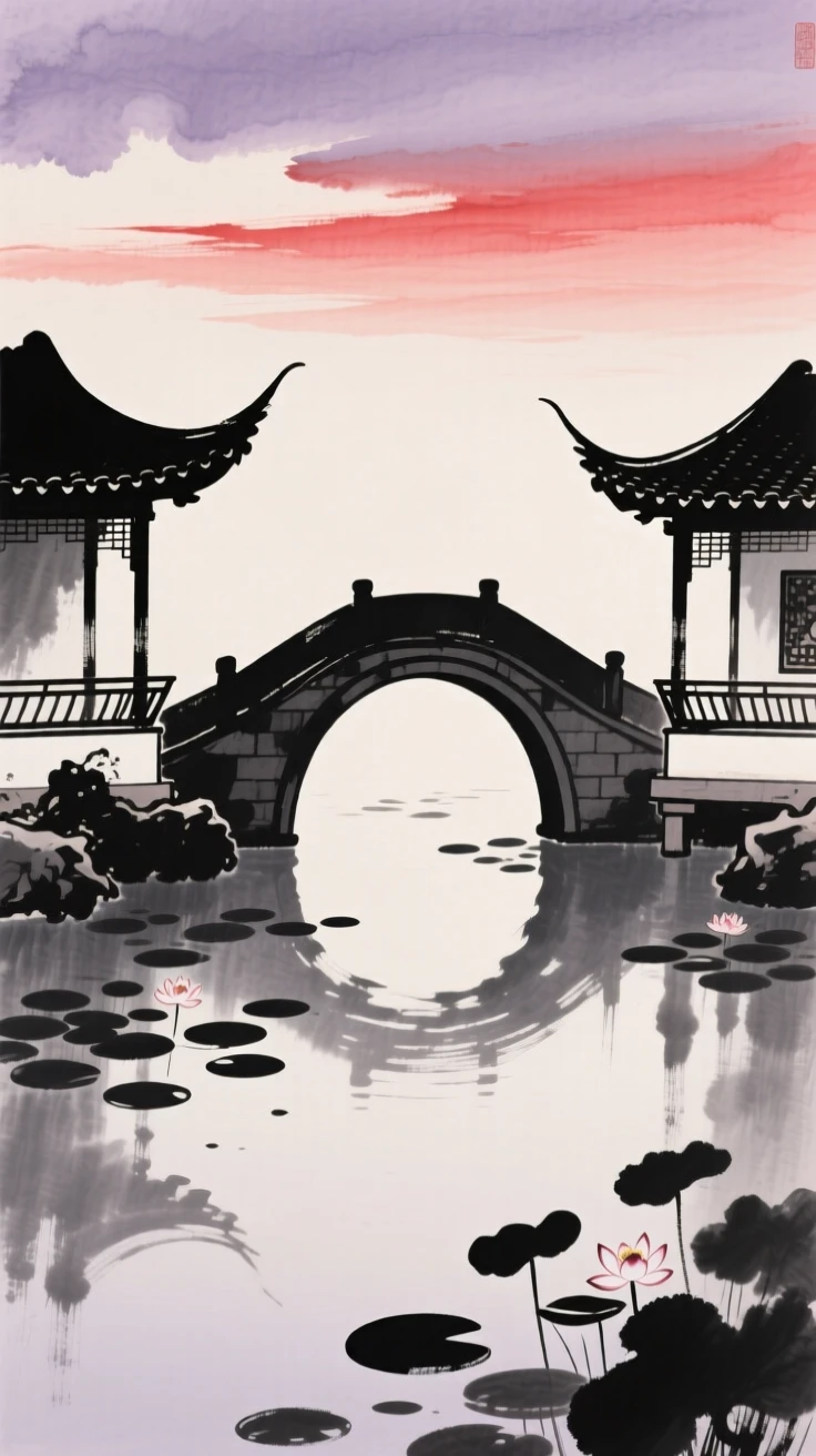 A curved bridge connects two garden pavilions across a lily pond, beneath a sky tinged with the colors of early evening.