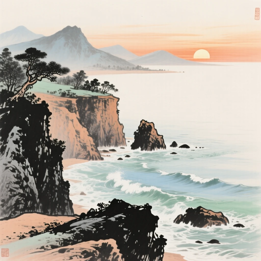 A rocky coastline where waves break gently against cliffs, as the sun sets behind distant peaks, suffused with quiet joy.