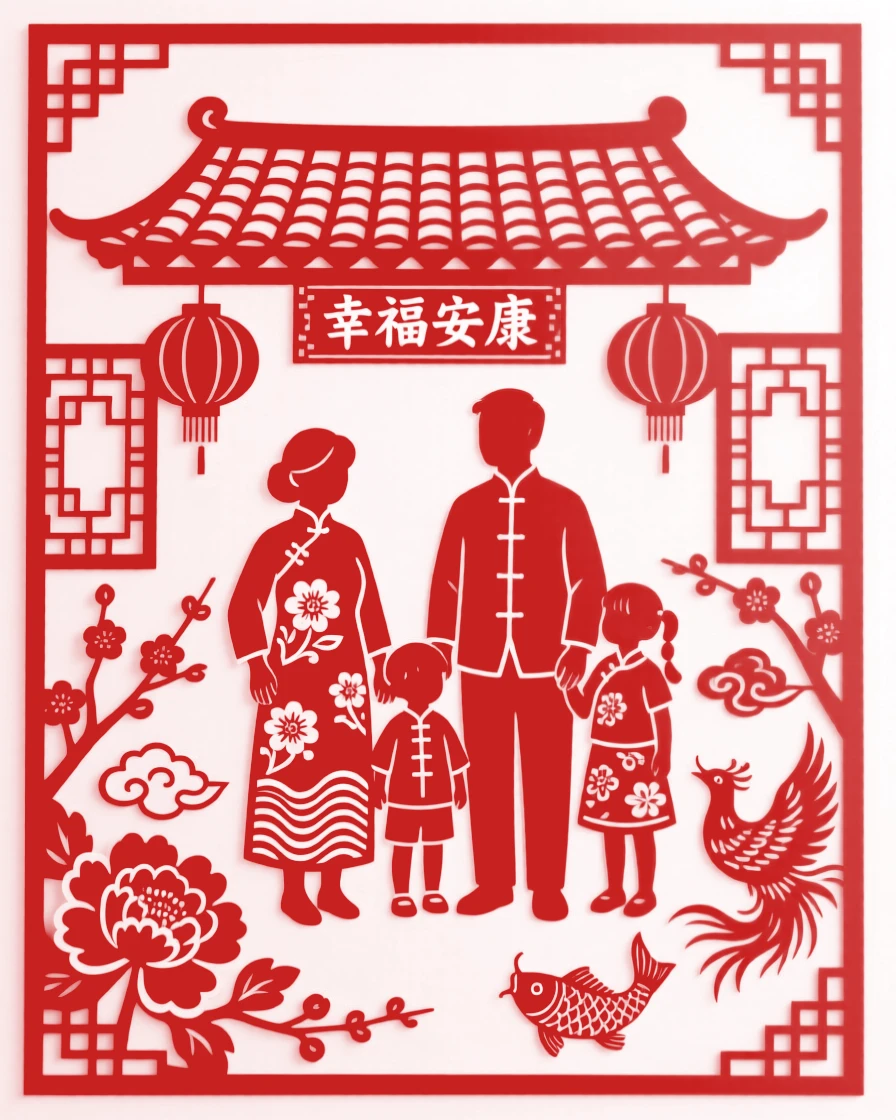 A family portrait of parents and children standing together in front of their home, all in their best clothes