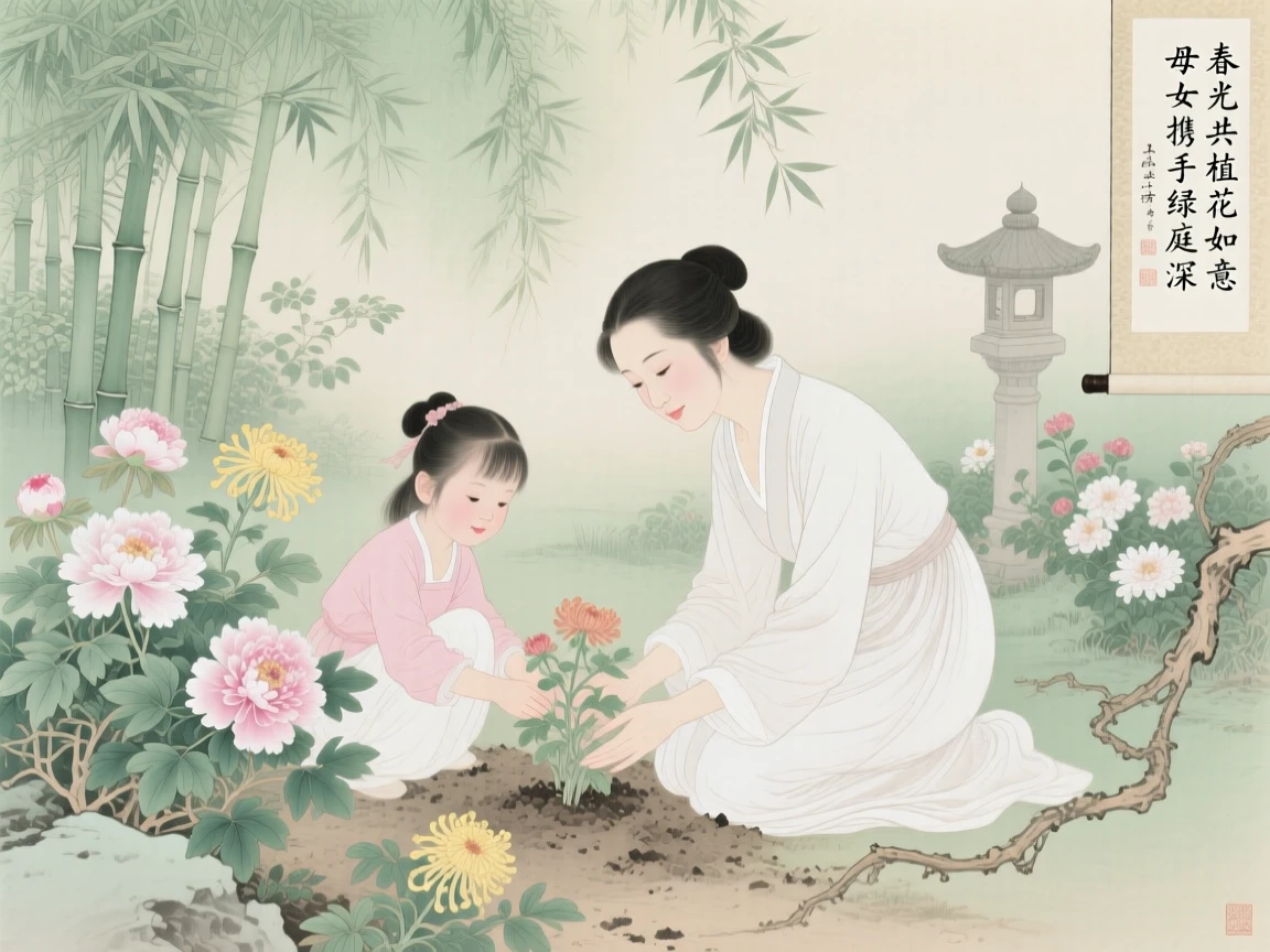 A mother and daughter planting flowers together in a spring garden