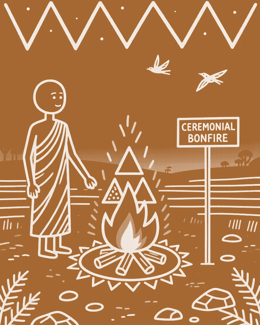 A young monk around a ceremonial bonfire at dusk.
