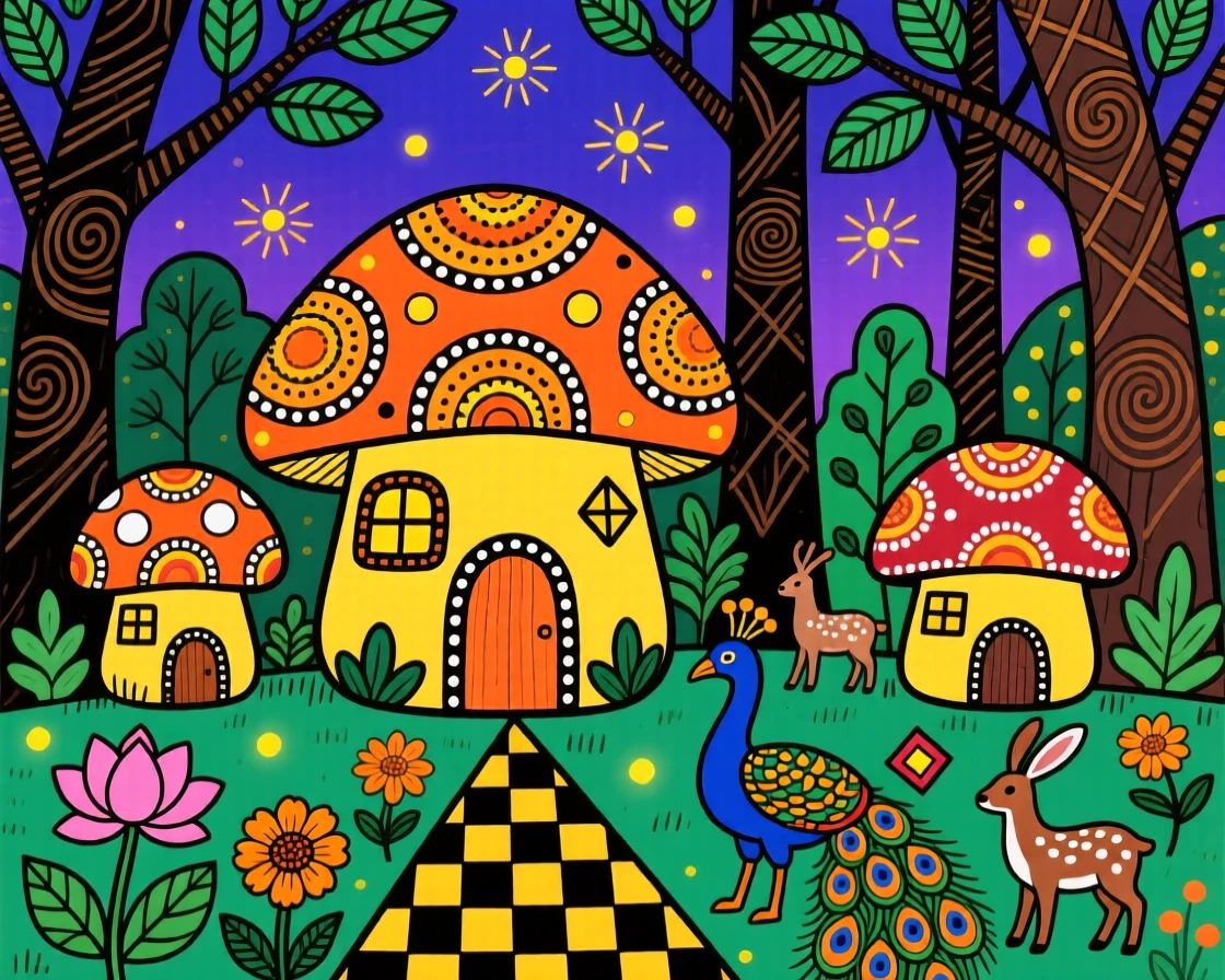 A village of mushroom houses glowing softly in a twilight forest.