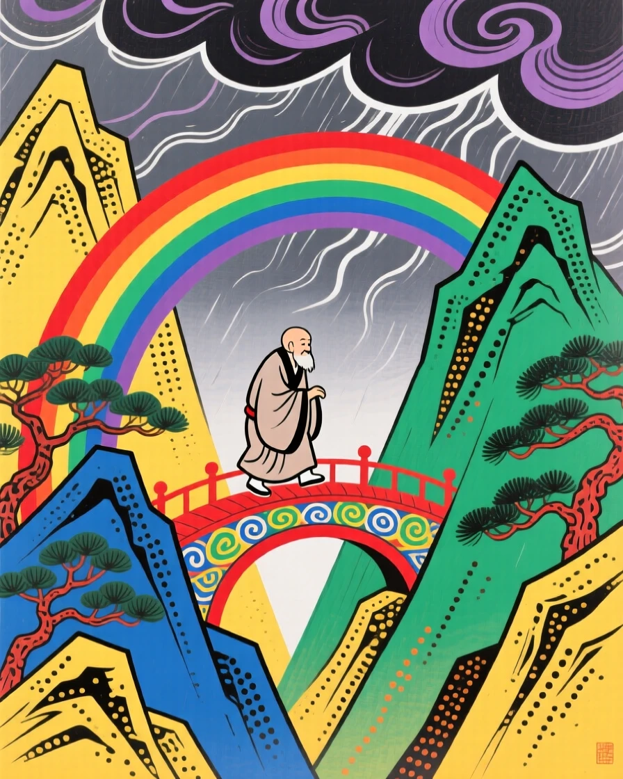 A mountain hermit crossing a rainbow bridge between mountain peaks, just before a storm rolls in.