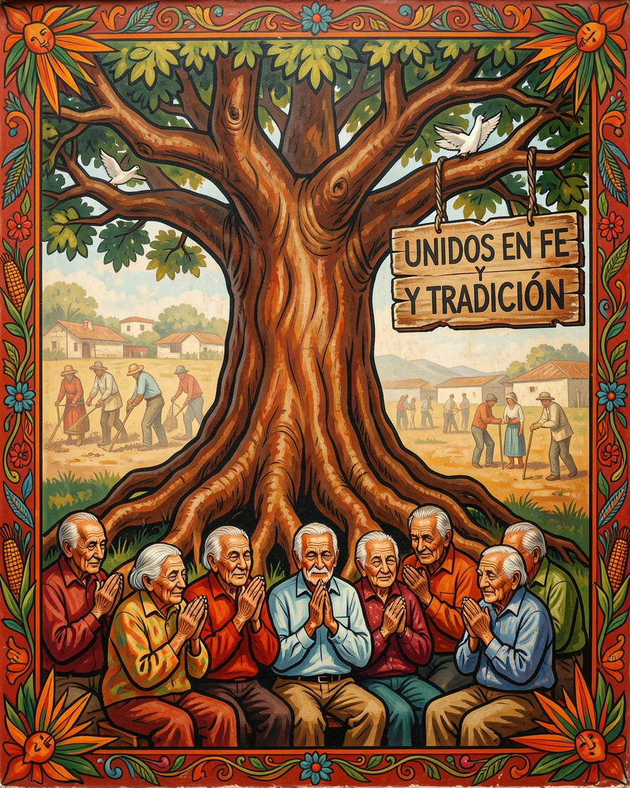 A group of elders praying together beneath an ancient tree