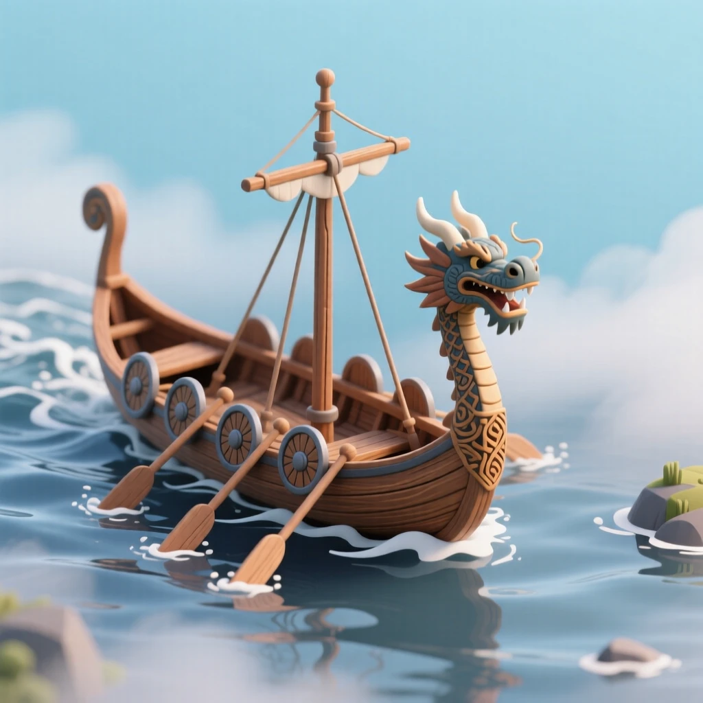 A wooden Viking longship cutting through misty fjord waters, its carved dragon prow rising above the waves, oars dipping in unison.
