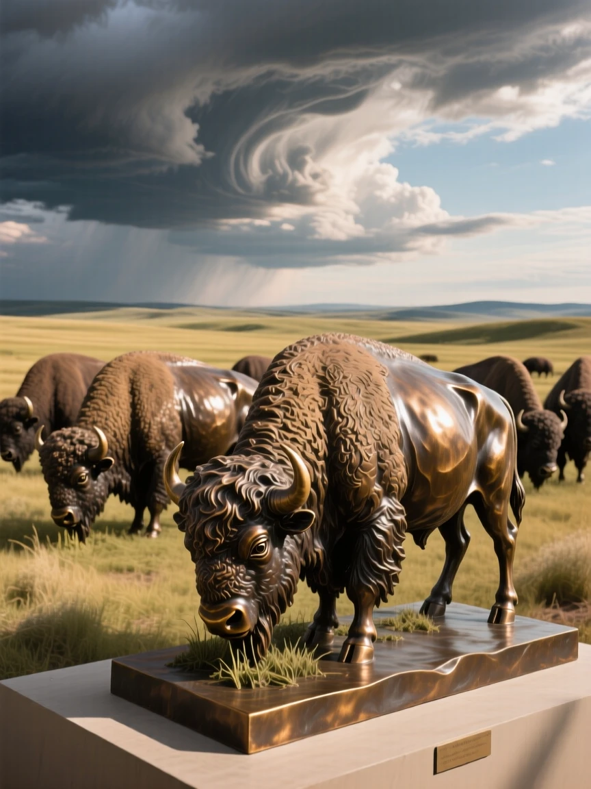 A herd of bison grazing beneath a dramatic prairie sky, bathed in warm, natural light, evoking wonder and majesty