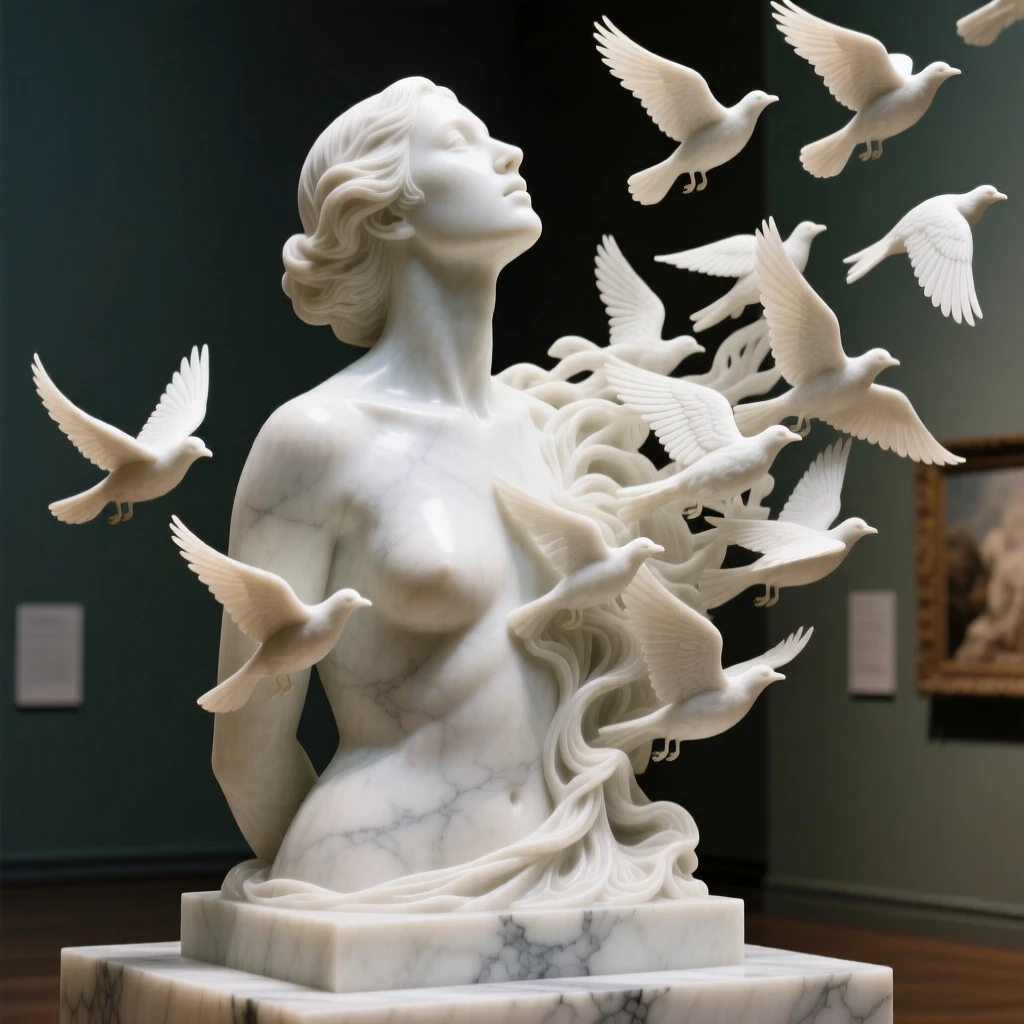 A striking, imaginative composition featuring a woman's silhouette dissolving into a flock of birds taking flight, blending realism with dreamlike wonder