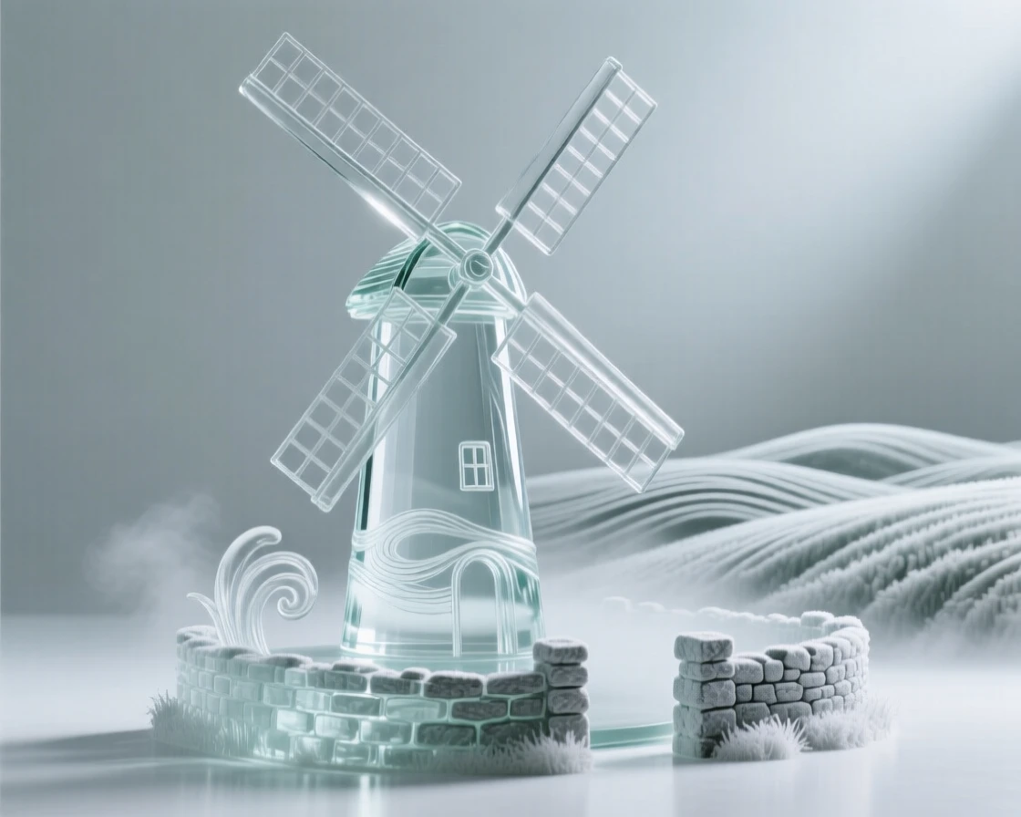 A windmill turning slowly against a backdrop of rolling fields while a light mist settles gently over the old stone walls