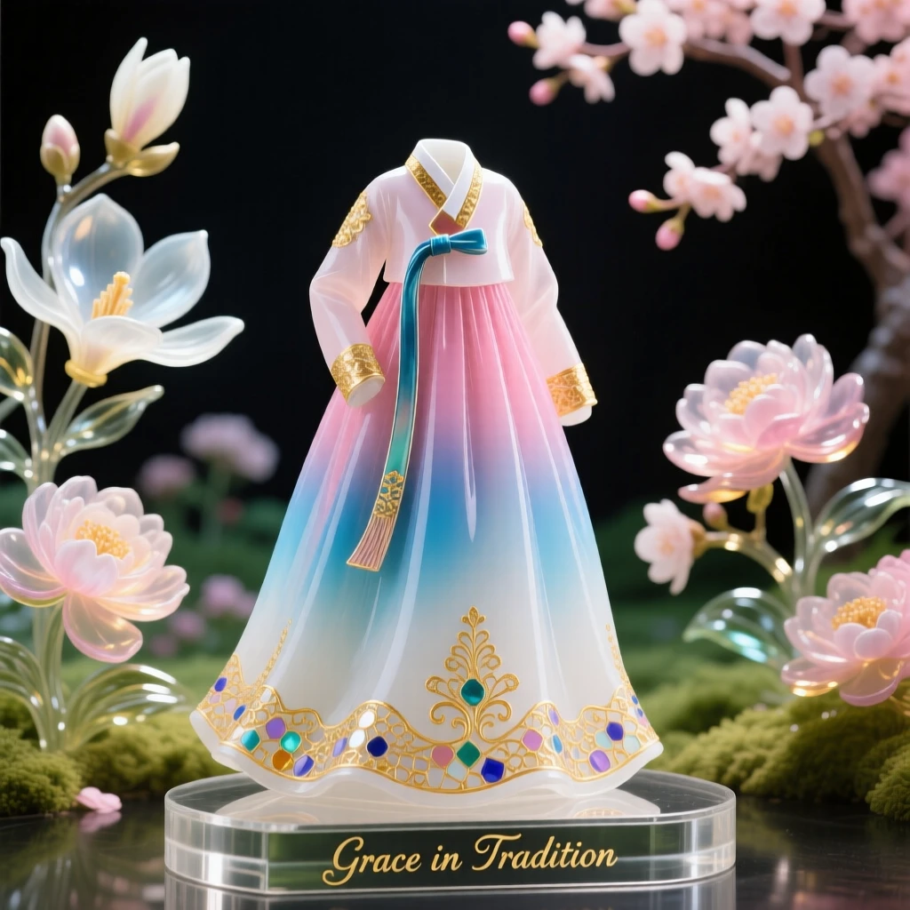 A traditional Korean hanbok displayed gracefully in a blossoming garden, elegant and cultural.