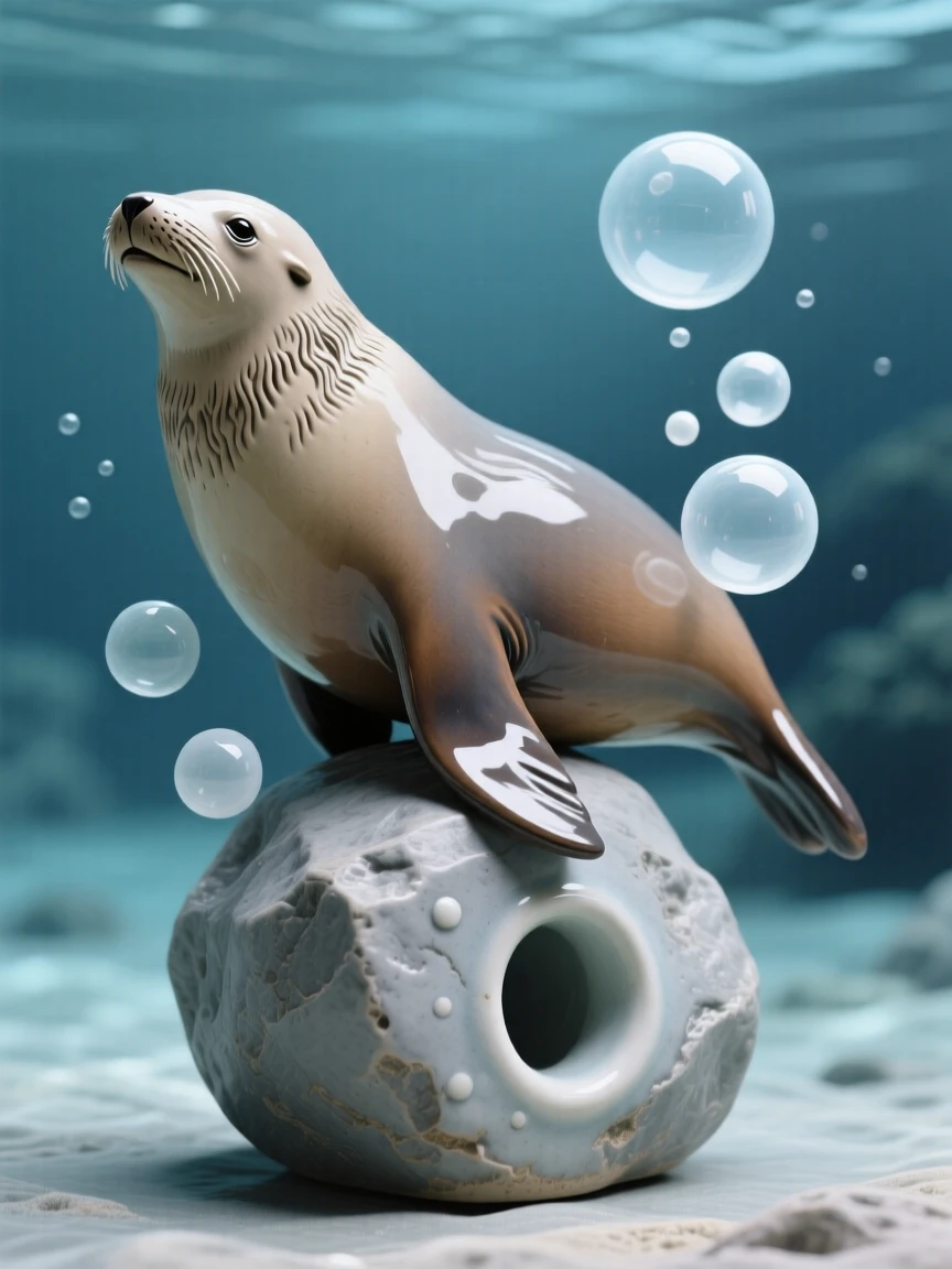 A sea lion balancing on a rock drifting weightlessly through open blue, surrounded by drifting bubbles, stirring wonder at the mysteries of the deep.