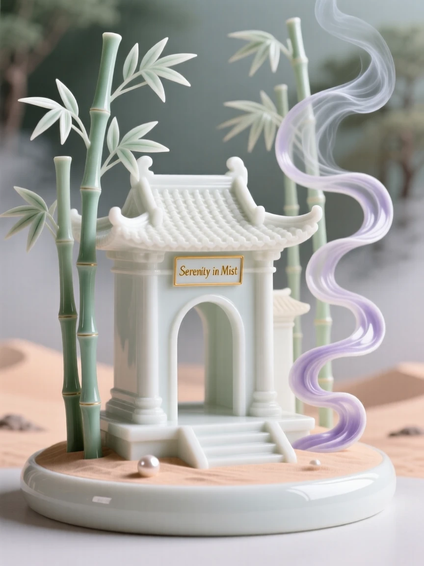 A serene desert temple complex nestled in a misty bamboo forest, soft incense smoke curling upward.