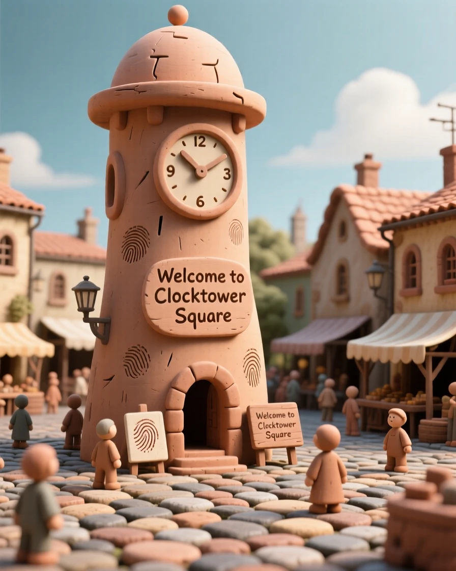 A grand clock tower overlooking a bustling cobblestone square