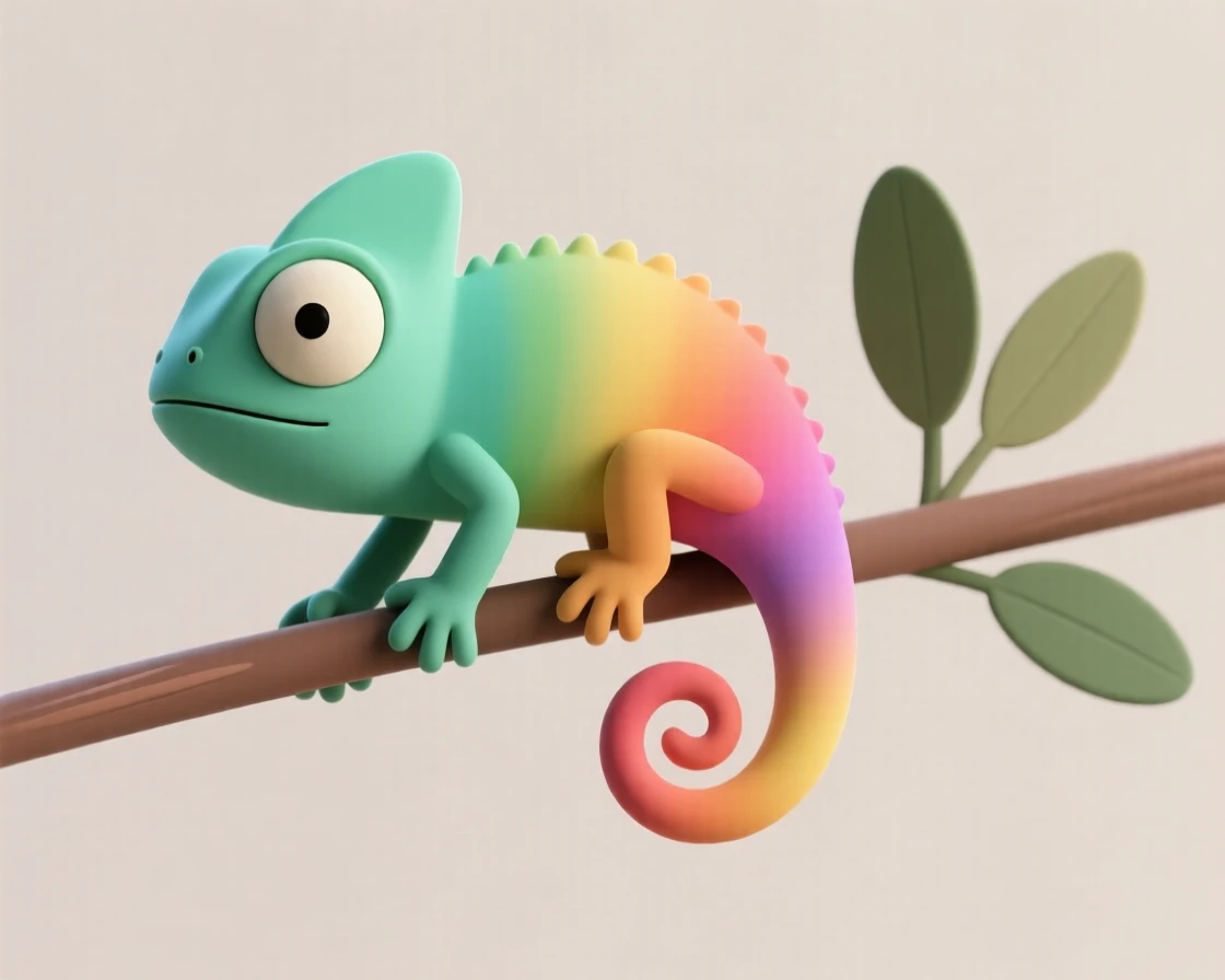 A curious chameleon shifts through rainbow colors while balancing carefully on a thin jungle branch.