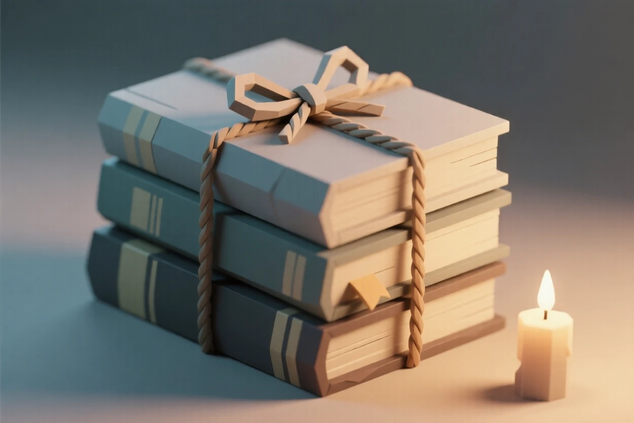 A stack of old books tied with twine, in the soft glow of candlelight. soft directional light creates gentle shadows. It evokes a feeling of gentle nostalgia.