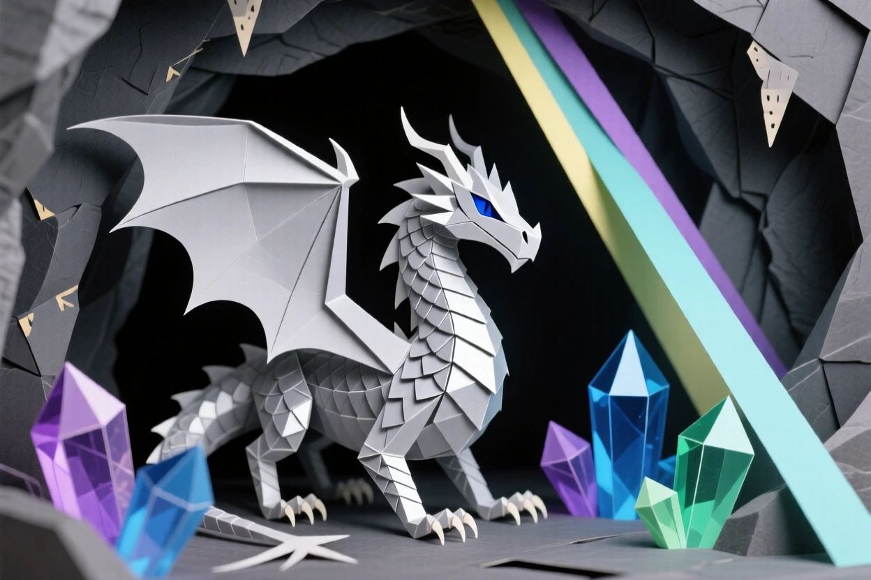 A silver-scaled dragon guarding a hidden crystal cave, with shafts of colored light piercing the darkness, conveying magic and quiet awe.