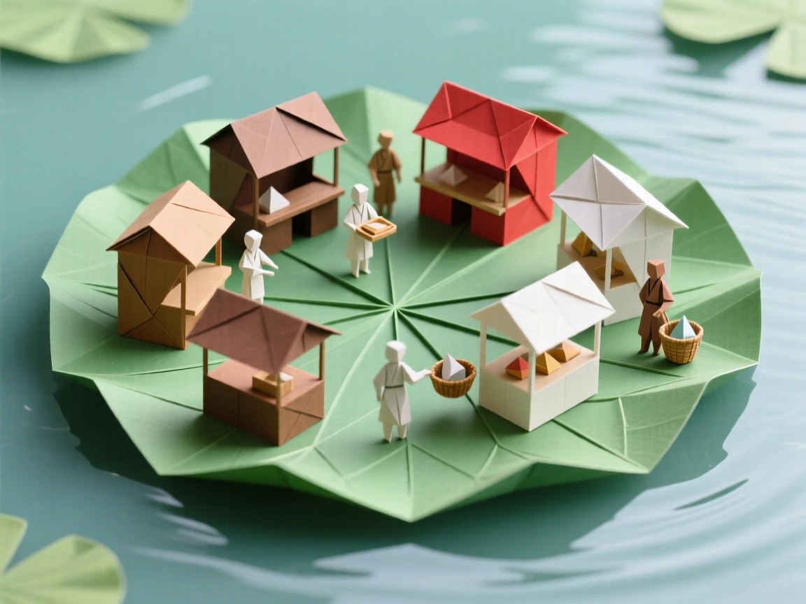 A floating market square built atop a giant lily pad drifting across a still lake.