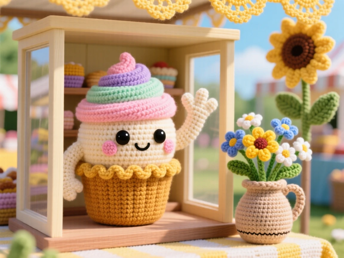 A delightful still-life of a smiling cupcake character topped with a swirl of pastel frosting, waving from inside a bakery display case within a sunny outdoor farmer's market stall; a small vase of wildflowers on the table nearby, full of bright, appetizing cheerfulness.