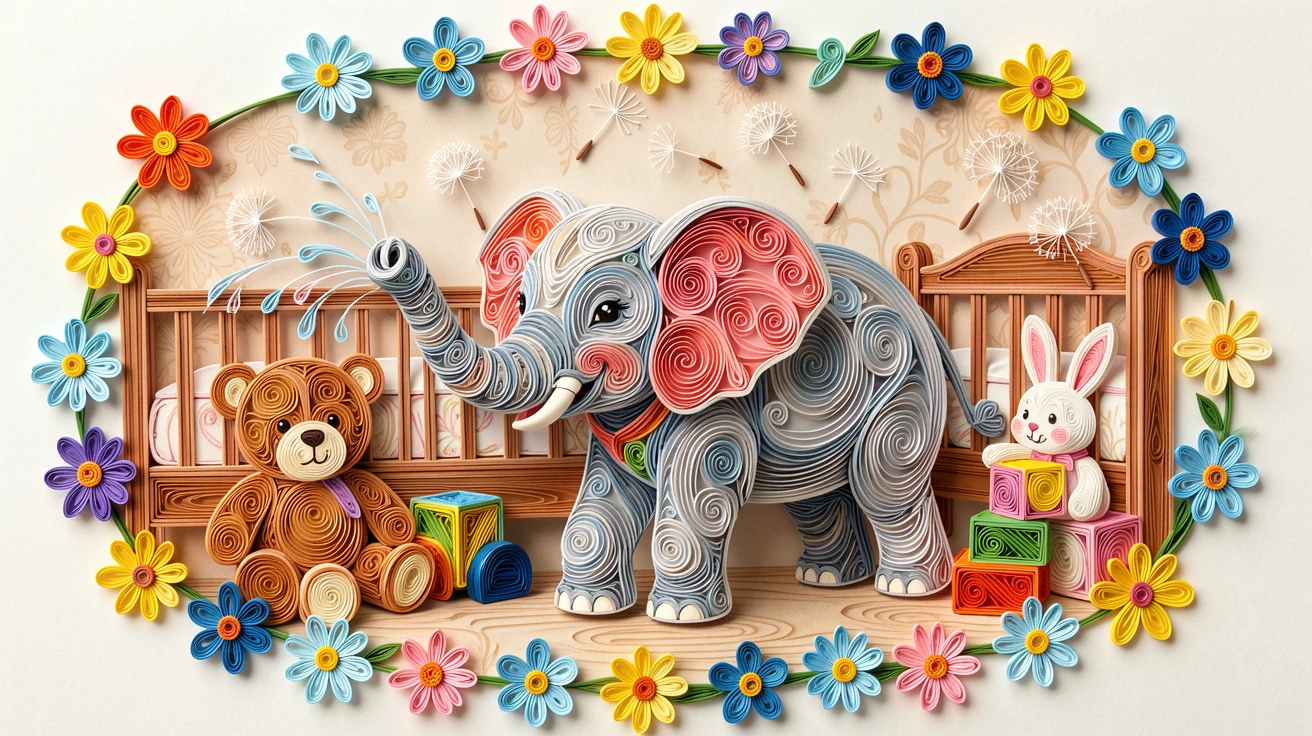 a baby elephant spraying itself with a tiny trunk full of water, in a cozy nursery filled with soft toys, surrounded by a loose border of small flowers, accented with a few floating dandelion seeds.