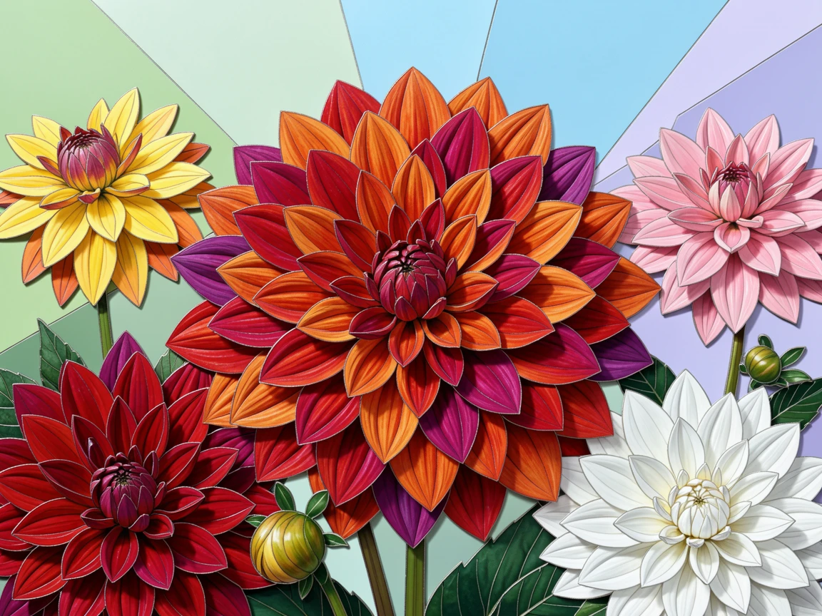 A close-up macro view of a vibrant dahlia garden bursting with layered petals of every hue, showing intricate petal texture and delicate detail.