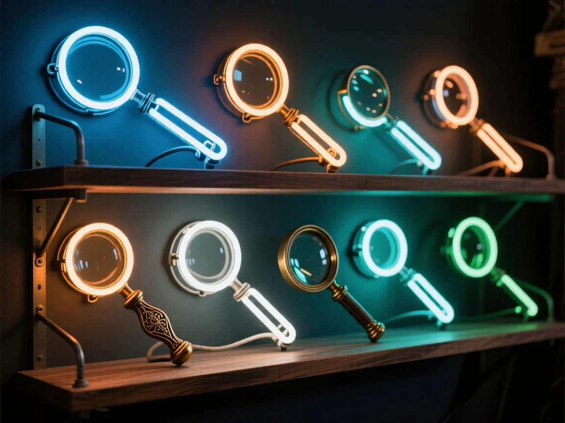 A shelf of antique magnifying glasses of varying sizes.