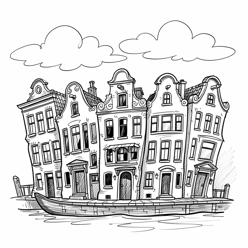 A row of colorful canal houses beneath a sky full of drifting clouds.