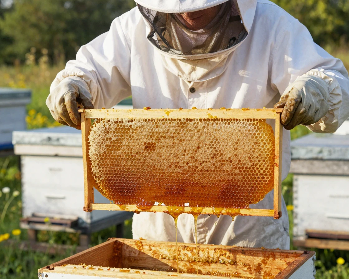 A beekeeper harvesting golden honey from a frame