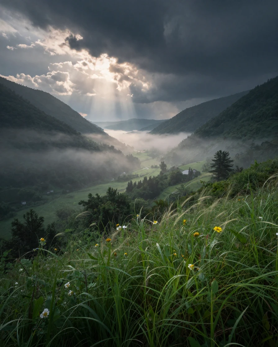 A hidden valley cloaked in morning mist, stretching endlessly during a sudden summer storm