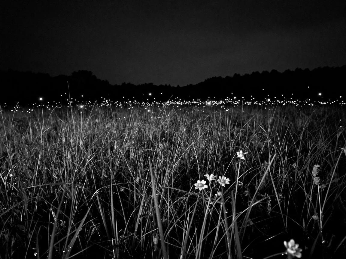 A group of fireflies lights up a dark summer meadow above a dew-covered field.