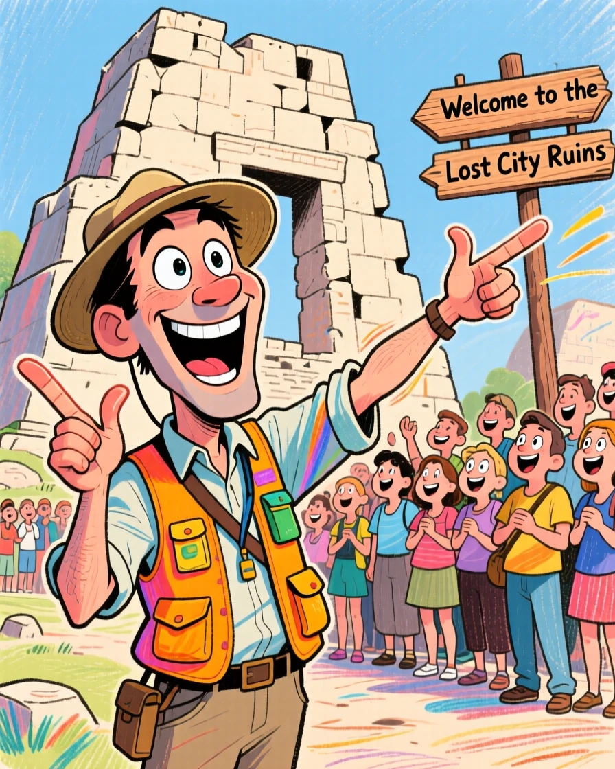 A tour guide gesturing animatedly toward an ancient ruin, group gathered close.