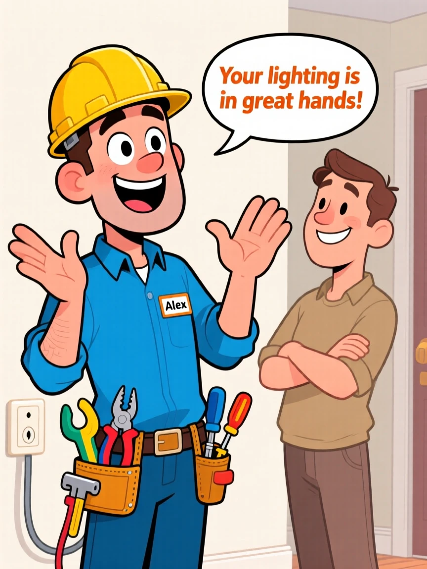 A vibrant profession-themed portrait of a skilled electrician explaining something enthusiastically with wide gestures, with a satisfied customer nearby.