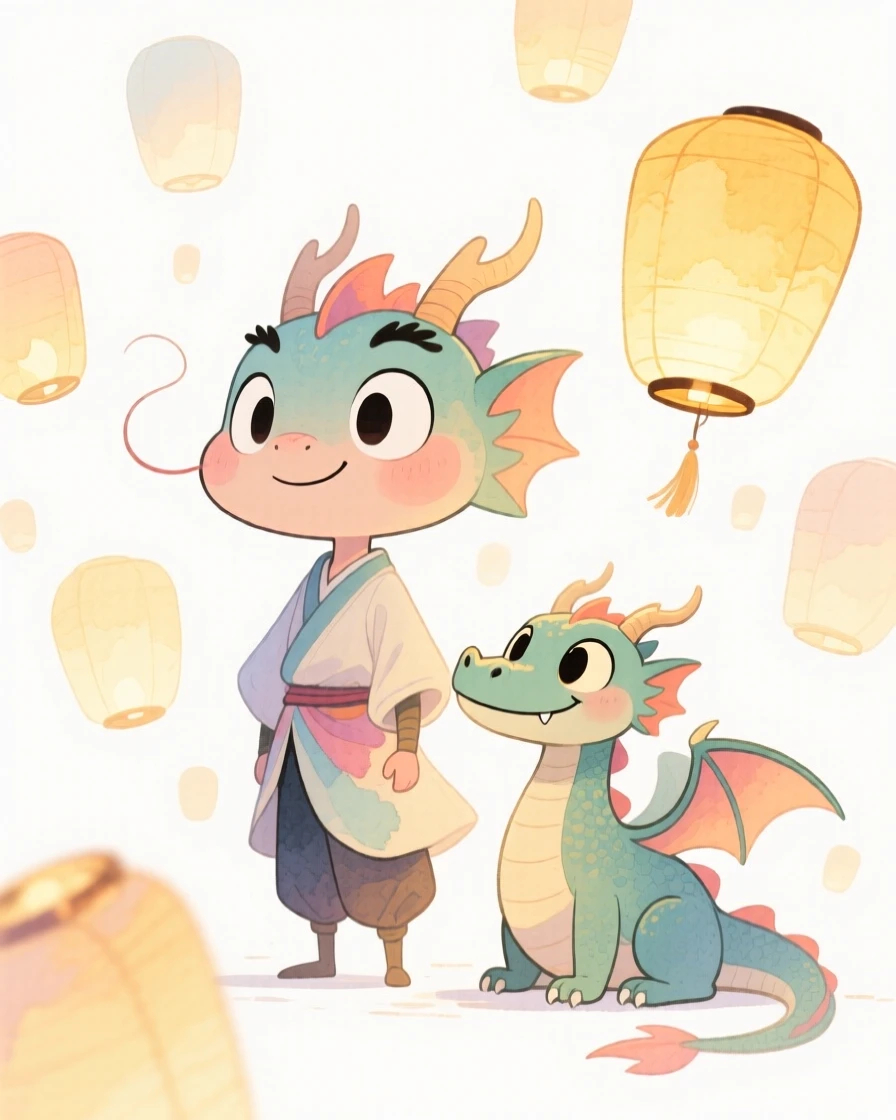 A dragon tamer surrounded by floating lanterns at twilight