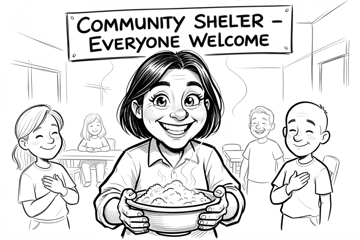 [Inspirational & Emotional Scenes] Touching, uplifting scene of a volunteer serving warm meals at a community shelter, evoking deep emotion