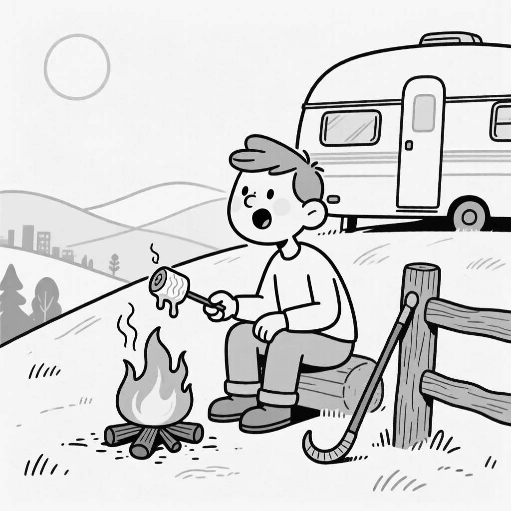 A camper roasting a marshmallow that catches fire, melting slightly lopsided in the afternoon sun, set atop a hill far from city lights. A lone shepherd's crook leans against a fence post. The scene celebrates nature's simple, joyful surprises.