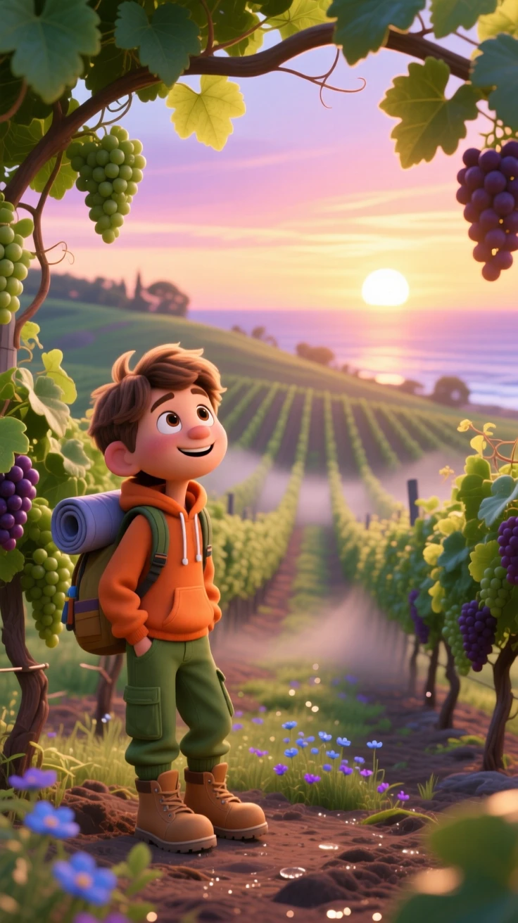 A solo hiker pausing to rest stands in a vineyard with rows stretching into the distance, watching the sun rise over the horizon. A sense of wonder and freedom fills the moment, with the scent of salt air carried on the wind.