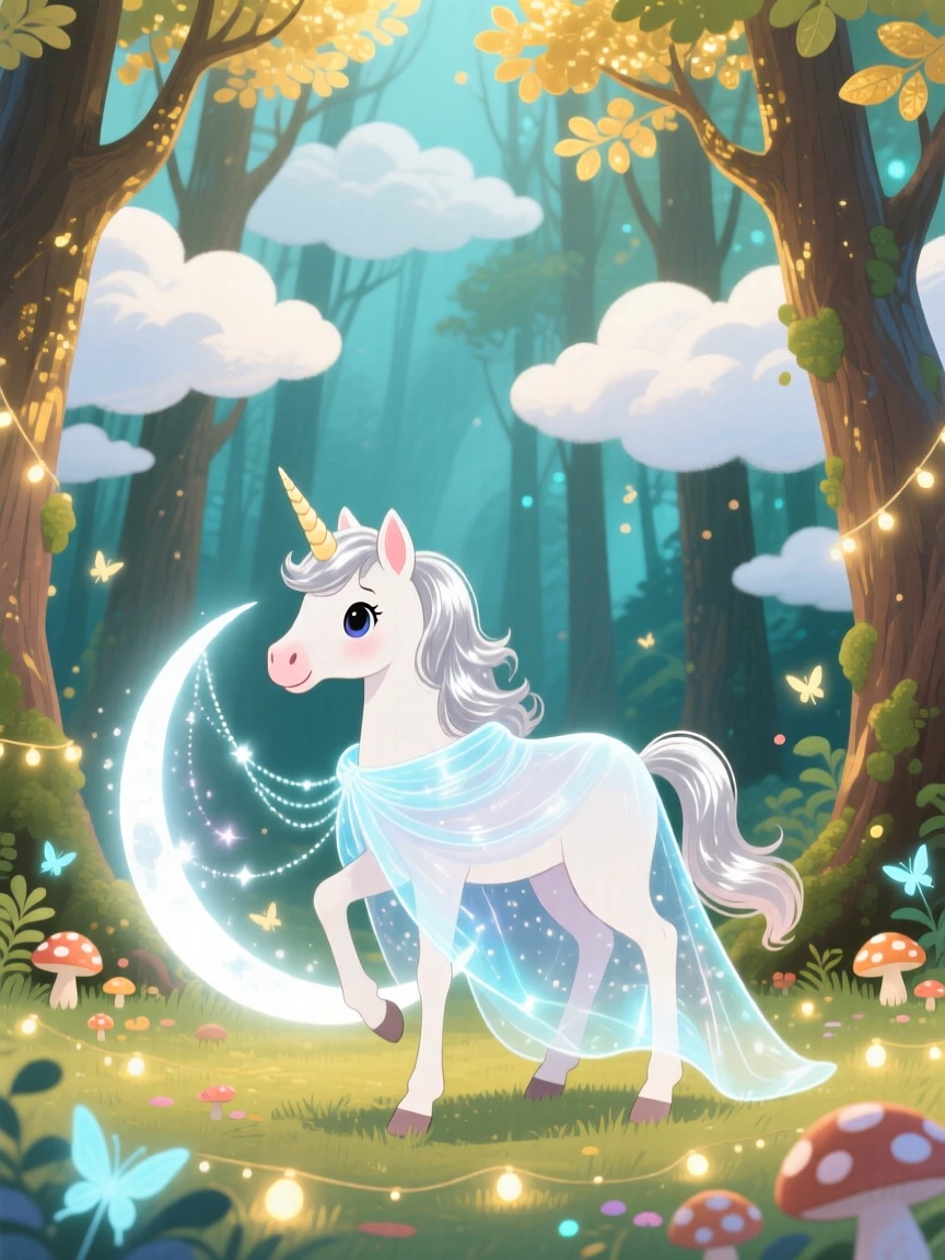 A unicorn foal pauses from weaving a cloak out of moonbeams to marvel at an enchanted forest, with clouds drifting lazily below.