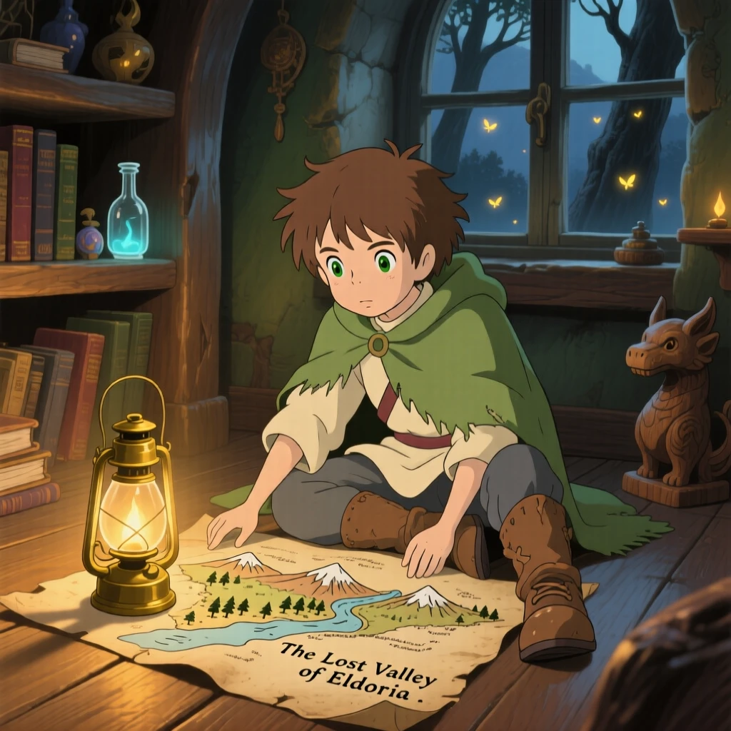 A young adventurer studying an old map by lantern light, the moment brimming with discovery.
