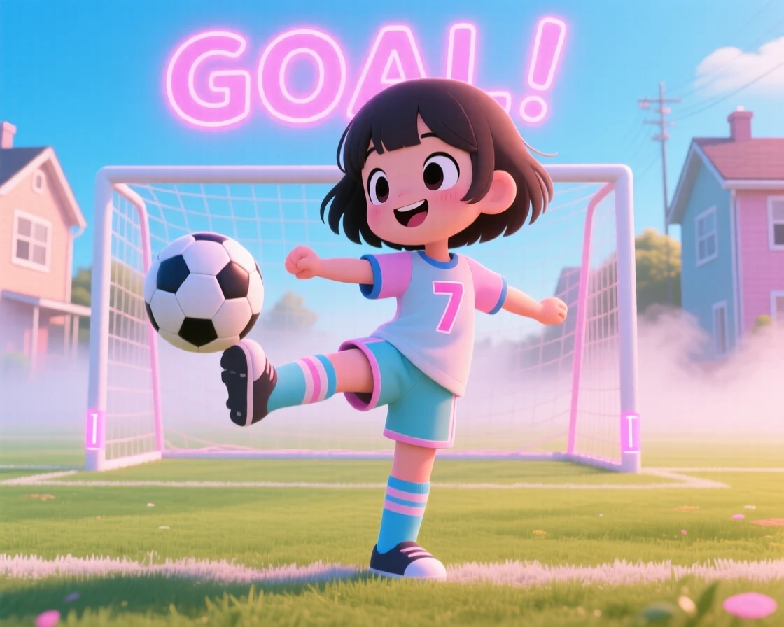 Silhouette composition: a young girl, kicking a soccer ball toward a goal, set against a sunny neighborhood field on a misty foggy morning, with neon-lit glow and a mood of warm affection.