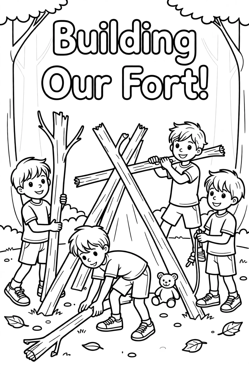 A group of friends building a fort out of fallen branches