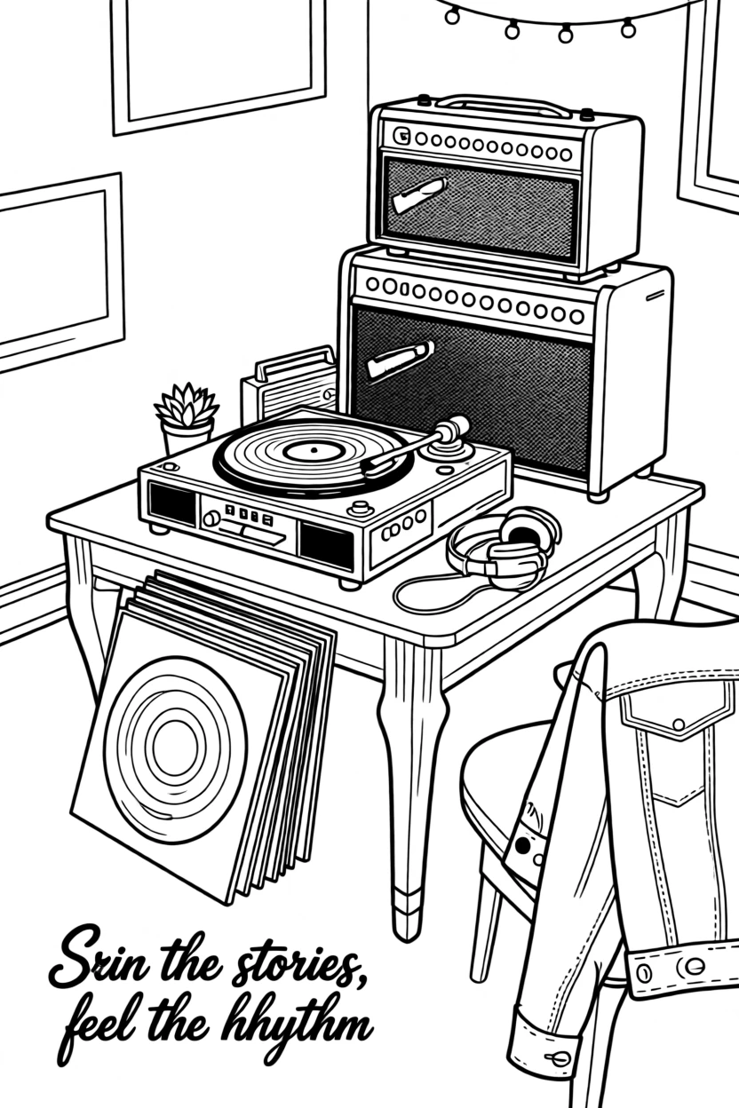 A stack of vinyl records beside a vintage turntable, with amplifiers stacked in the background.