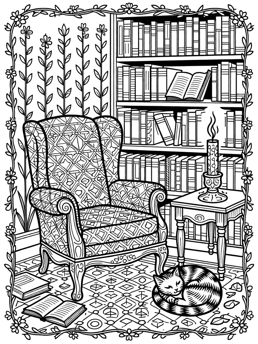 A quiet library nook with stacked books, a candle, and a cat curled nearby.