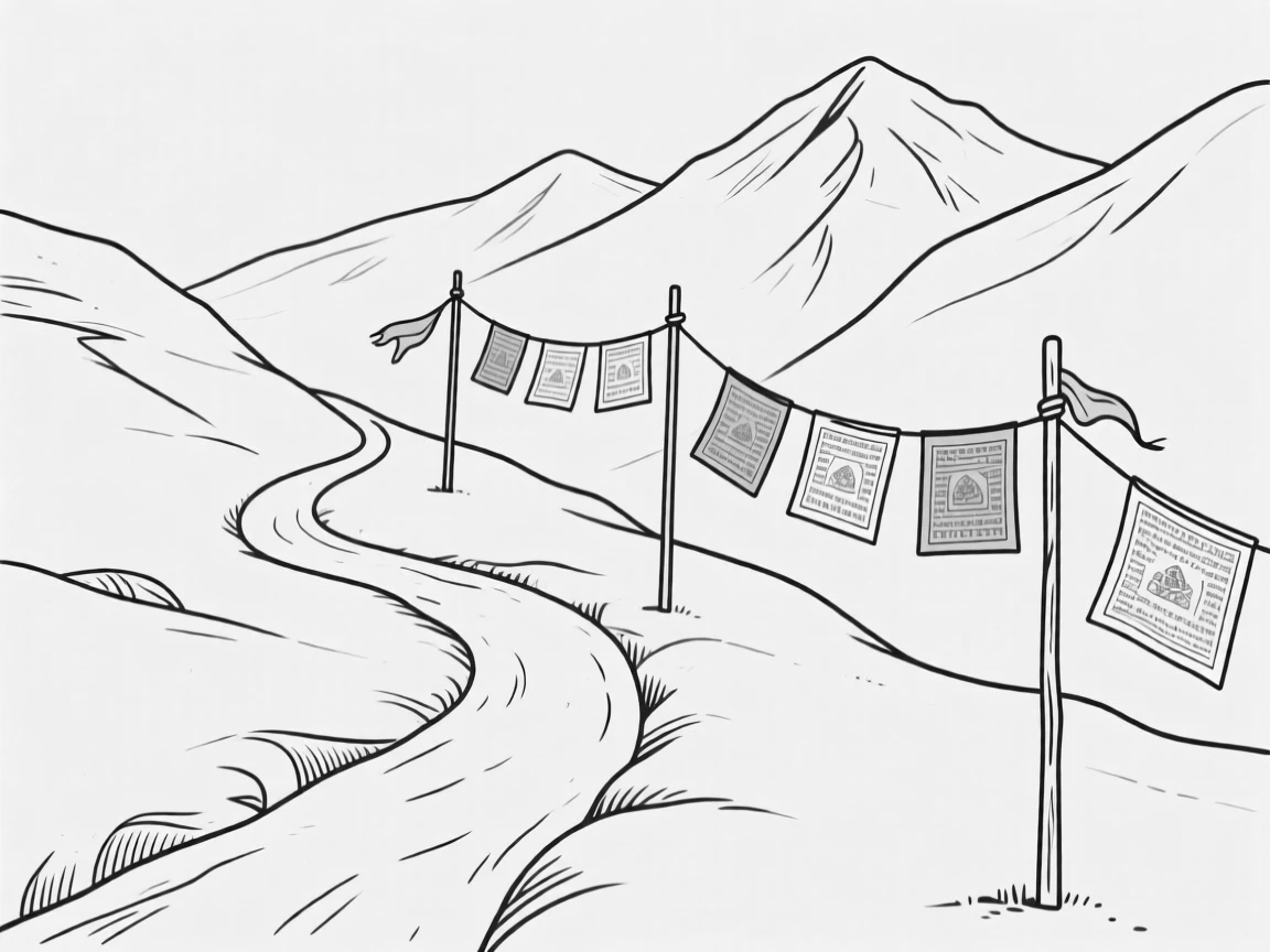 A mountain trekking path with prayer flags fluttering in the wind