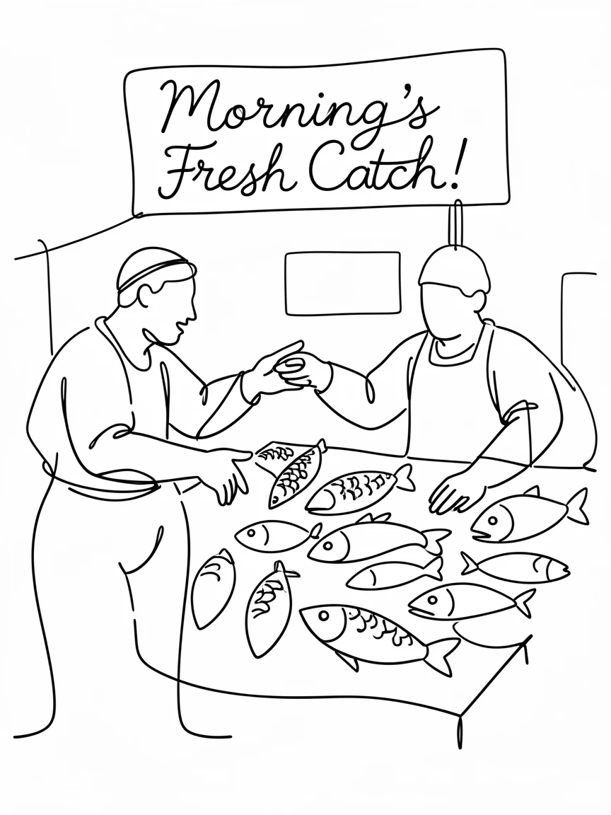 A busy fish market with vendors calling out the morning's catch