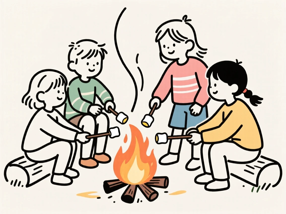 A group of siblings roasting marshmallows together around a campfire.