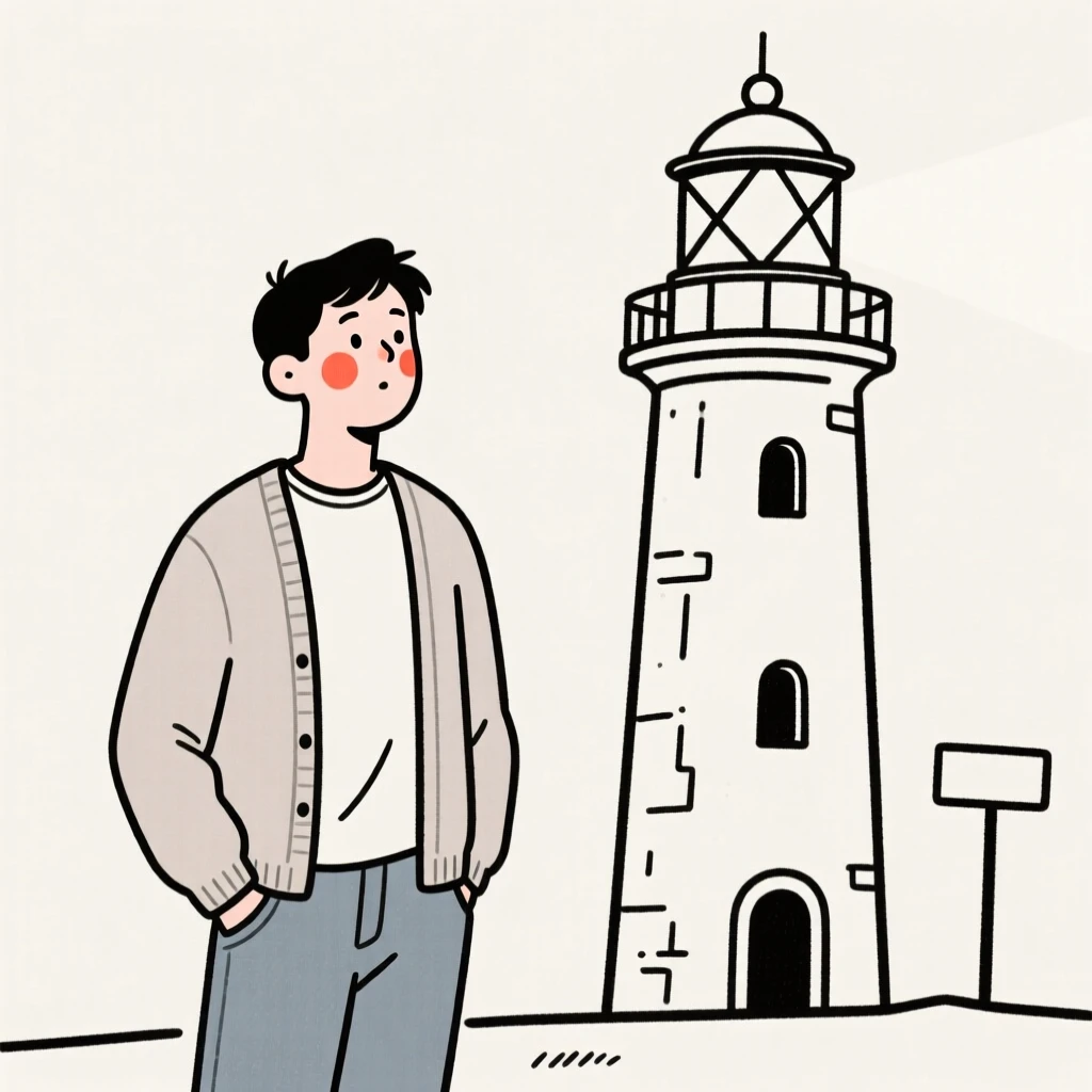 A newlywed man of Russian heritage in a soft cardigan and jeans, full of curious wonder, beside an old lighthouse.