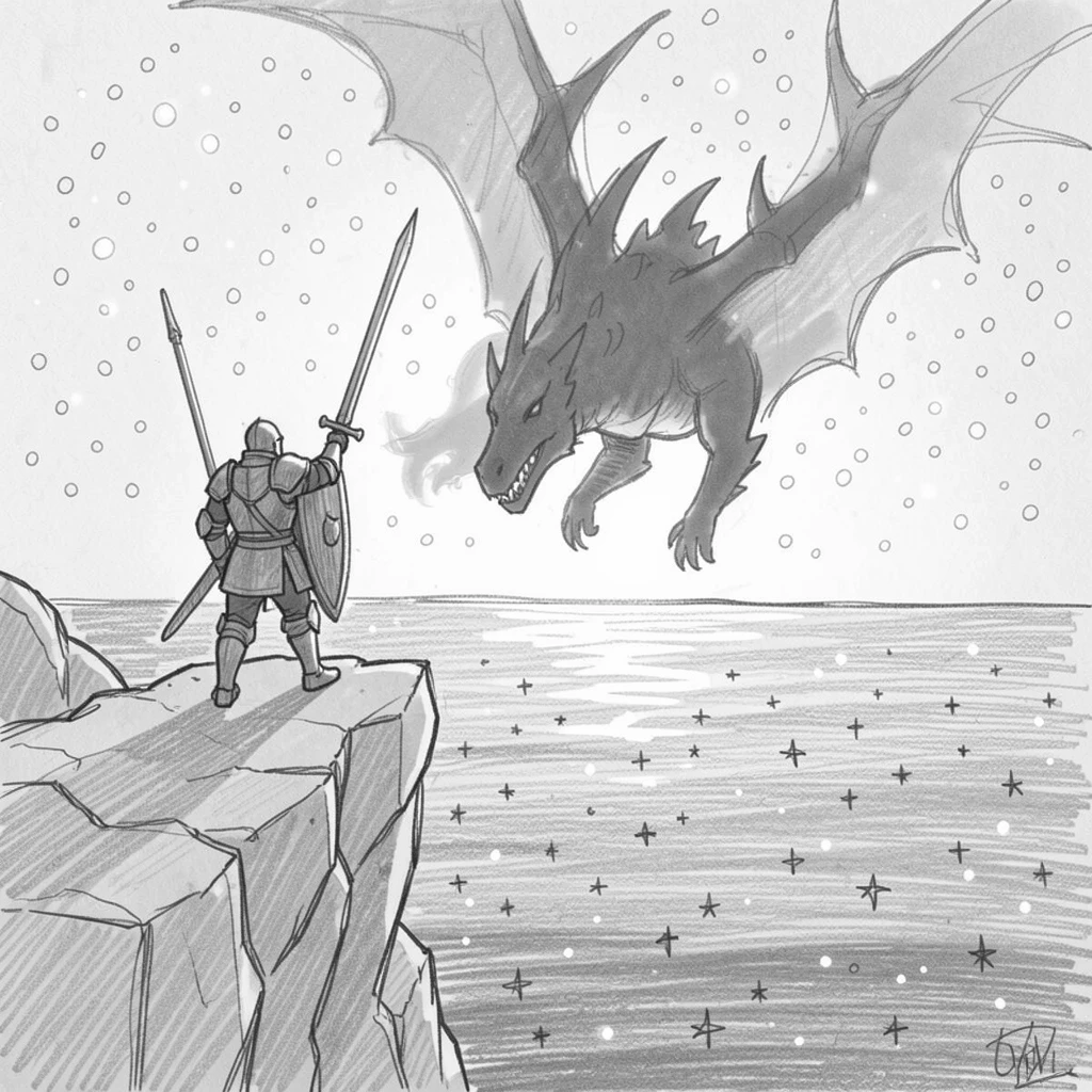 An epic fantasy scene of a knight facing a shadowy dragon on the edge of an endless starlit ocean, with glowing spores floating like snow.