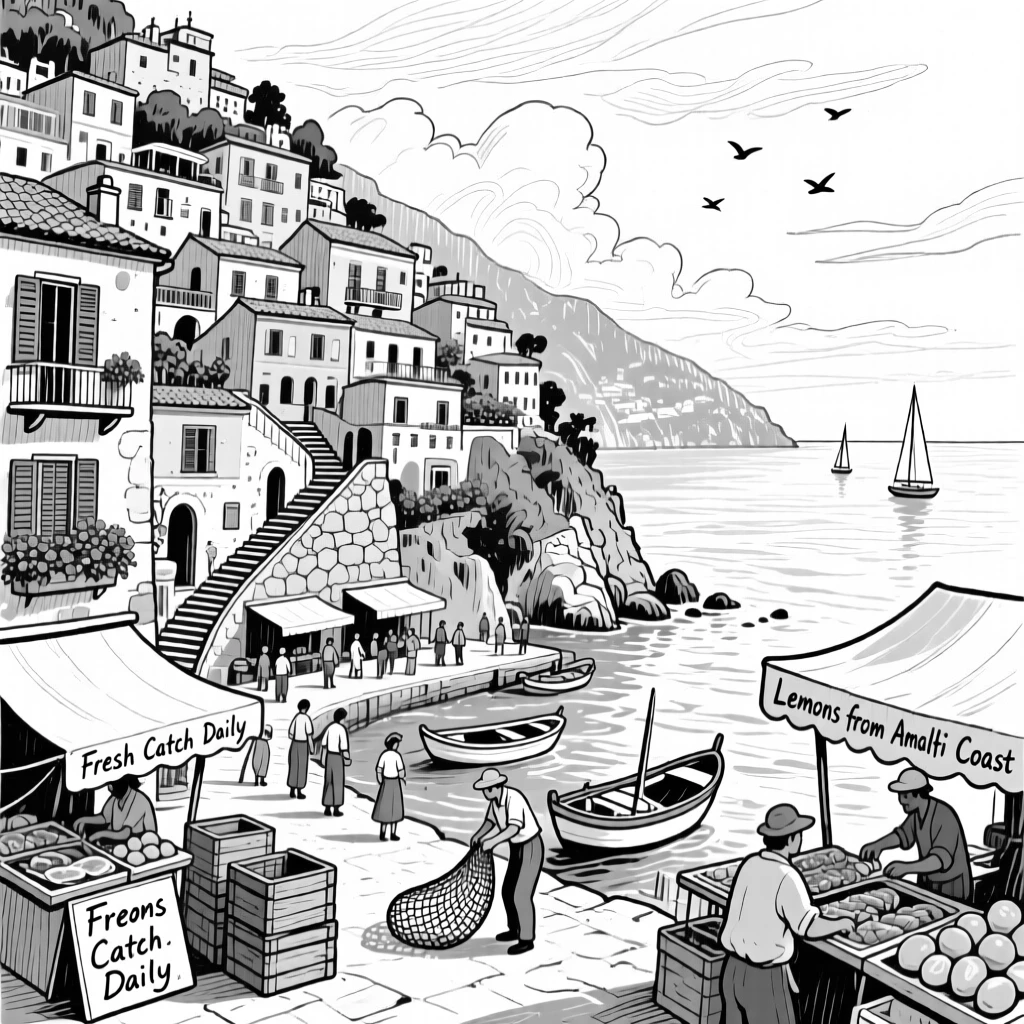The bustling harbor town of Positano cascading down toward the sea.