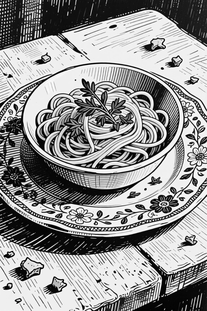 A bowl of fresh pasta with herbs presented on a vintage porcelain plate, with crumbs scattered across the table, presented in a warm and comforting culinary still life.
